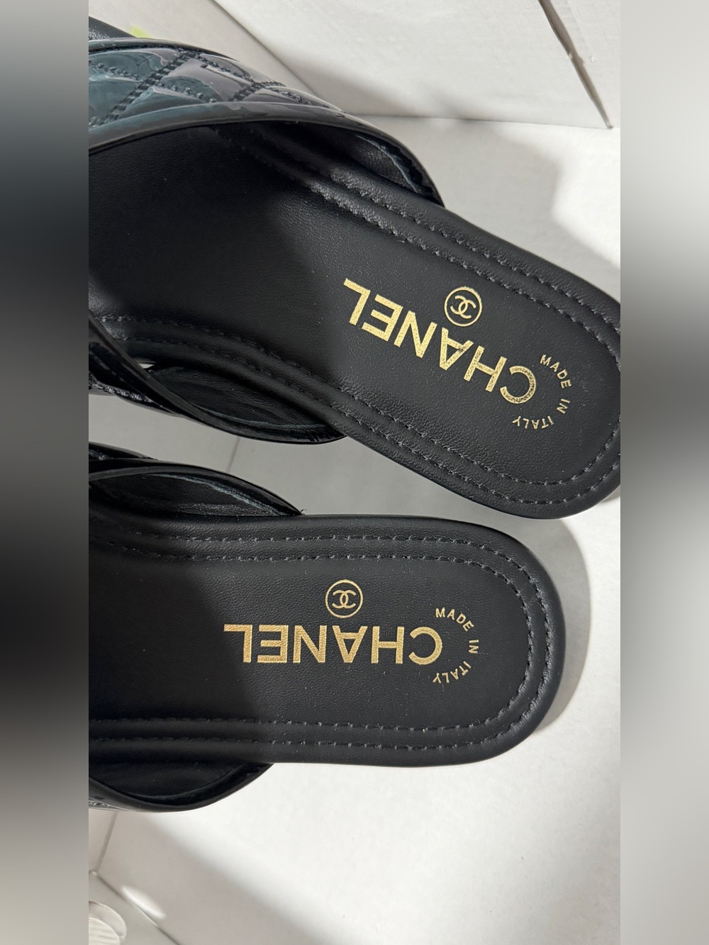 CHANEL Black Quilted Patent Leather Slide Sandals - Picture 11 of 12